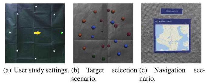 Fig. 7. User study and MRTK-based evaluation scenarios: (a) controlled AR fixation task, (b) target selection, and (c) navigation. TimeGazer significantly outperforms native HoloLens 2 eye-tracking across all interaction tasks.